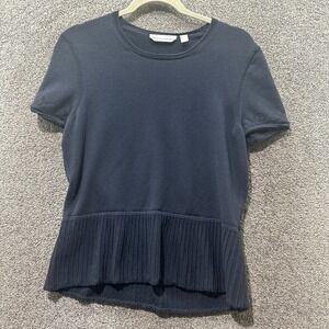 Hugo Boss Sweater Top Women XL‎ Navy Blue Round Neck Short Sleeve Wool Blend